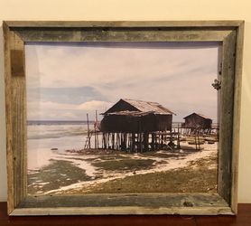 Vintage framed photography Native shacks Bosnick Beach New Guinea South Pacific March 1993