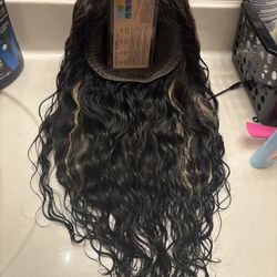 Human Hair  Brown w/ Golden Blonde highlights Wavy Wig