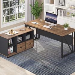 Tribesigns 63-inch executive desk and 47-inch side filing cabinet brown  $150 