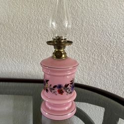 Rare Antique Pink Opaline Miniature Kerosene Oil Lamp Floral Flowers 