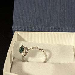 New. Pear Cut Emerald, Natural Diamond Accent, & Sterling Silver Ring. Stamped 925. Size 6 