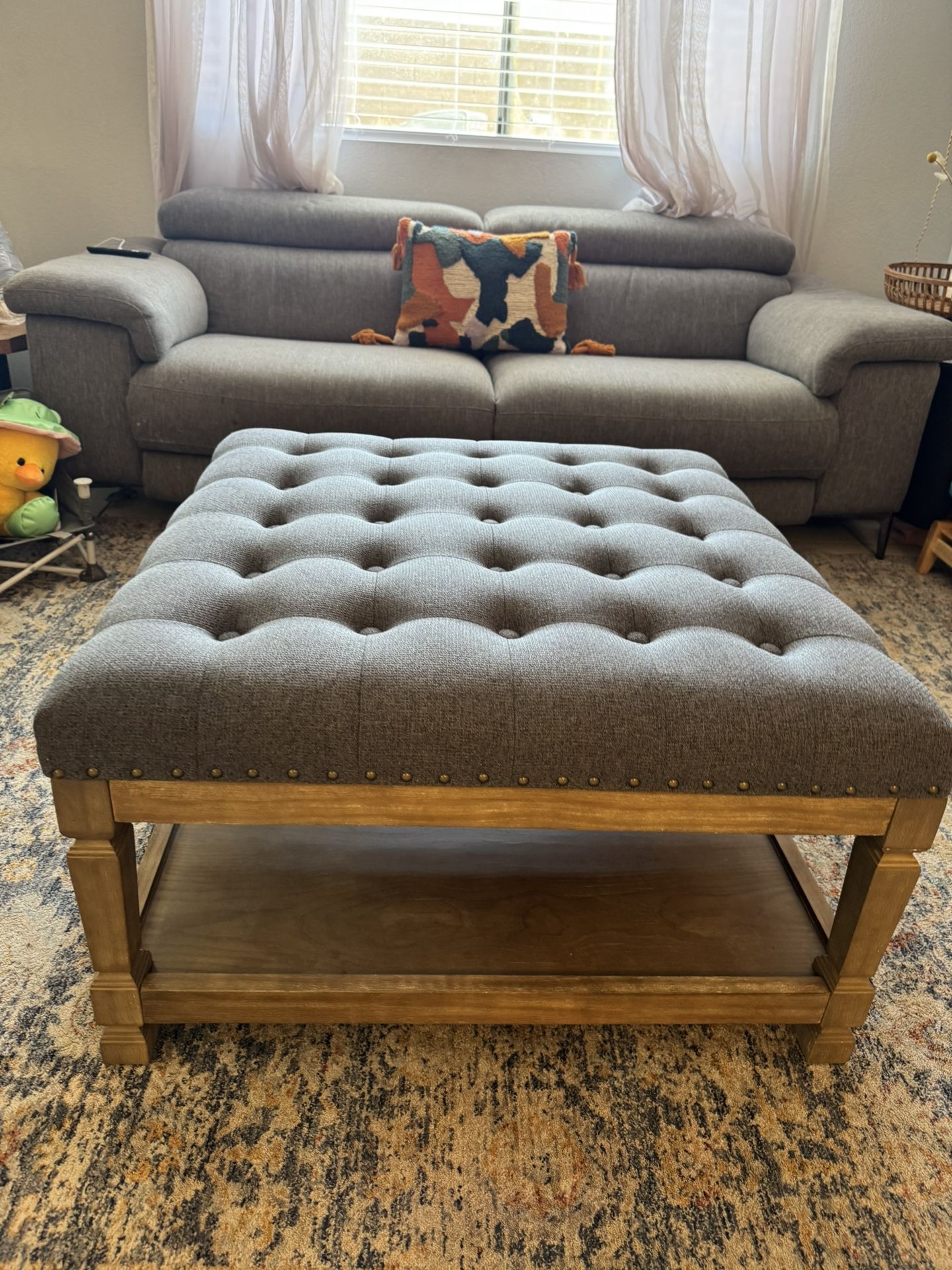 HUIMO 33-inch Large Square Ottoman Coffee Tables for Living Room, Tufted Upholstered Linen Ottoman with Storage Shelf and Solid Legs for Office Bedroo