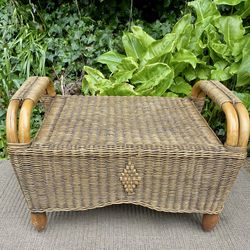 Mid-century Ottoman bench, bamboo and rush