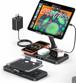 Magnetic Wireless Charging Station with 45W Adapter for Apple Devices, 20W Fast Foldable Wired Charging Stand for iPad with Clock & Night Light, Fast 
