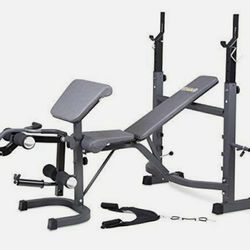 Body Champ Olympic Weight Bench. Features a adjustable incline/decline/flat/military positions, leg developers with foam rollers, preacher curl pads, 