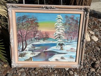 Vintage Original Oil Painting, Signed Jensen, Winter Landscape River Scene, Framed 