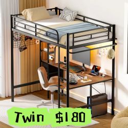 Twin Metal Loft Bed with L-Shaped Desk, Loft Bed Frame with Charging Station, Storage Bed with 2 Drawers & Open Shelf, Safety Guard & Ladder