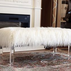 Fur Bench with Acrylic Legs. 2 Colors to Choose: White or Pink