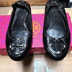 Tory Burch Designer Patent Leather Black Flats Size 8