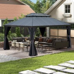 12'x14' Hardtop Gazebo with Resin Roof, Outdoor Metal Gazebo with Drainage Gutters, Permanent Heavy Duty Pavilion for Patio, Backyard and Deck, Curtai