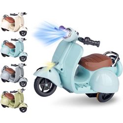 Light blue electric scooter for Labubu with LED lights. 
