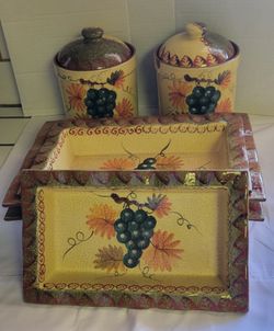 CERAMIC GLAZED GRAPE CANNISTERS AND SERVING TRAY SET