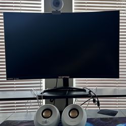 Desktop Set Up. (curved Monitor, Webcam With lighting, Pebble Speakers)
