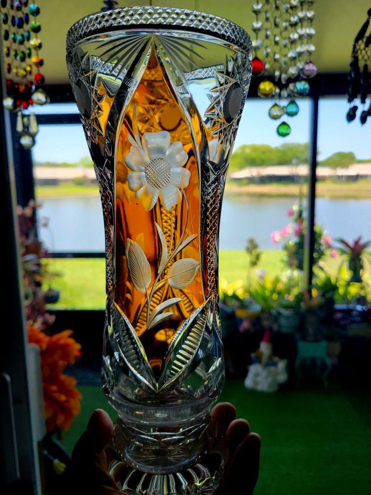 Vintage Amber and Crystal Vase 1960s Poland 10"