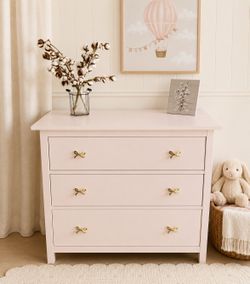 Blush Pink Vintage-Style BOHO Dresser with Gold Bow Hardware + Mirror Nursery SWEET 🩷
