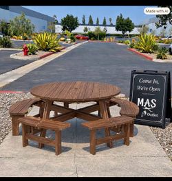 New in box 8 Person Wooden Round Picnic Table Set with 4 Built-in Benches and 2" Umbrella Hole