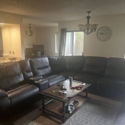 Recliner Black Leather Couch 5 Seater 