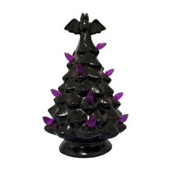 9” Black Ceramic Halloween Tree with Bat Topper - Light Up Ceramic Tree - NWOT