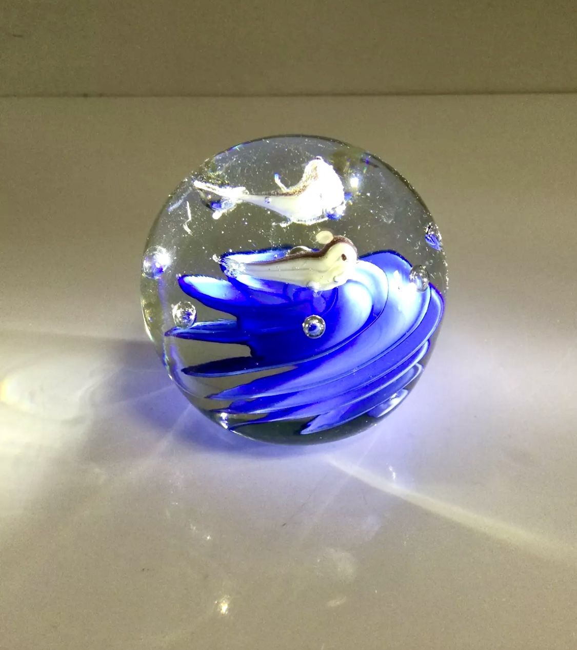 Vintage Clear Glass Two Fishes Inside Glass Paperweight 2 1/2" Tall