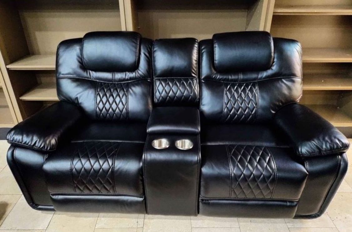 Santiago black leather reclining sofa and loveseat set now $999. Easy finance option. Same day delivery.