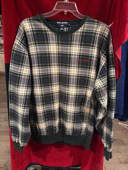 Vintage Mens Polo Sport Ralph Lauren Plaid Green Blue Pullover Sweatshirt, Sz XL