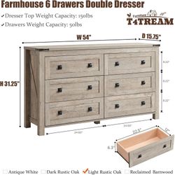 Farmhouse 6 Drawers Dresser for Bedroom, Wood Rustic Wide Chest of Drawers, Storage Dressers Organizer for Bedroom, Living Room, Hallway, Light Rustic