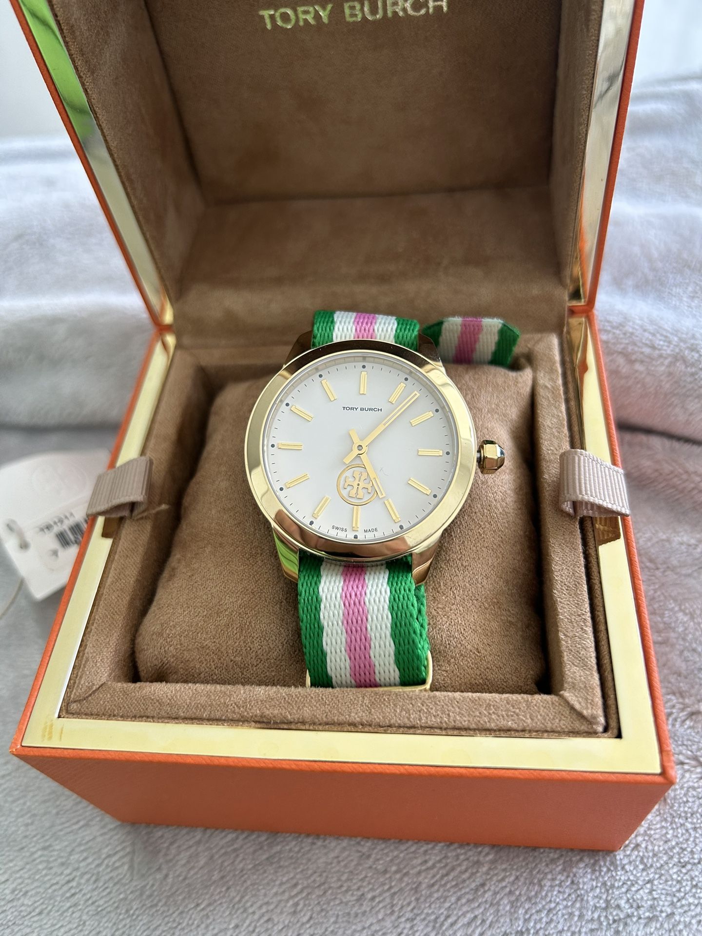 Tory Burch Grosgrain Strap Collins Watch 38mm Green White