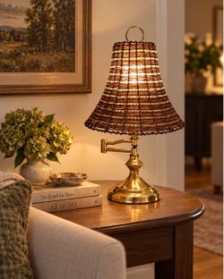 Vintage Brass Swing Arm Table Lamp with Beaded Shade