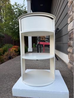 3 tier metal side table with sliding door and open shelves