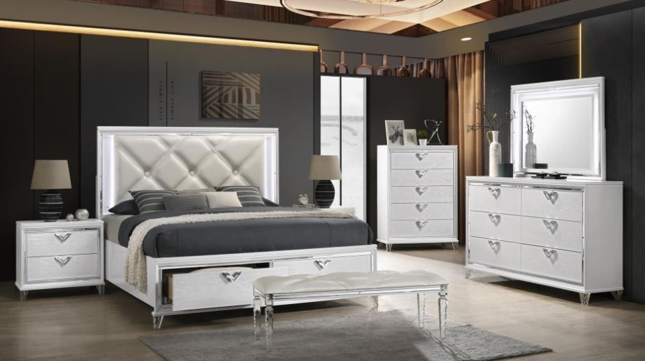 New Prism White Color Queen Size 5pc Complete Bedroom Set 