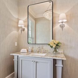 Wall Mirror for Bathroom, Black Metal Frame 22" X 30", Glass Panel Rounded Corner Hangs Horizontal Or Vertical