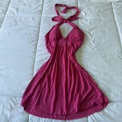 Hot Pink Halter Babydoll Mini Dress – XS – Open Back Tie Neck Summer Sundress