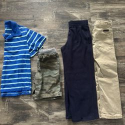 Kids Size 6 Clothes. Wrangler Pants, Fleece Champion Pants, Carter’s Camo Shorts And Children’s Place Shirt. All For $10