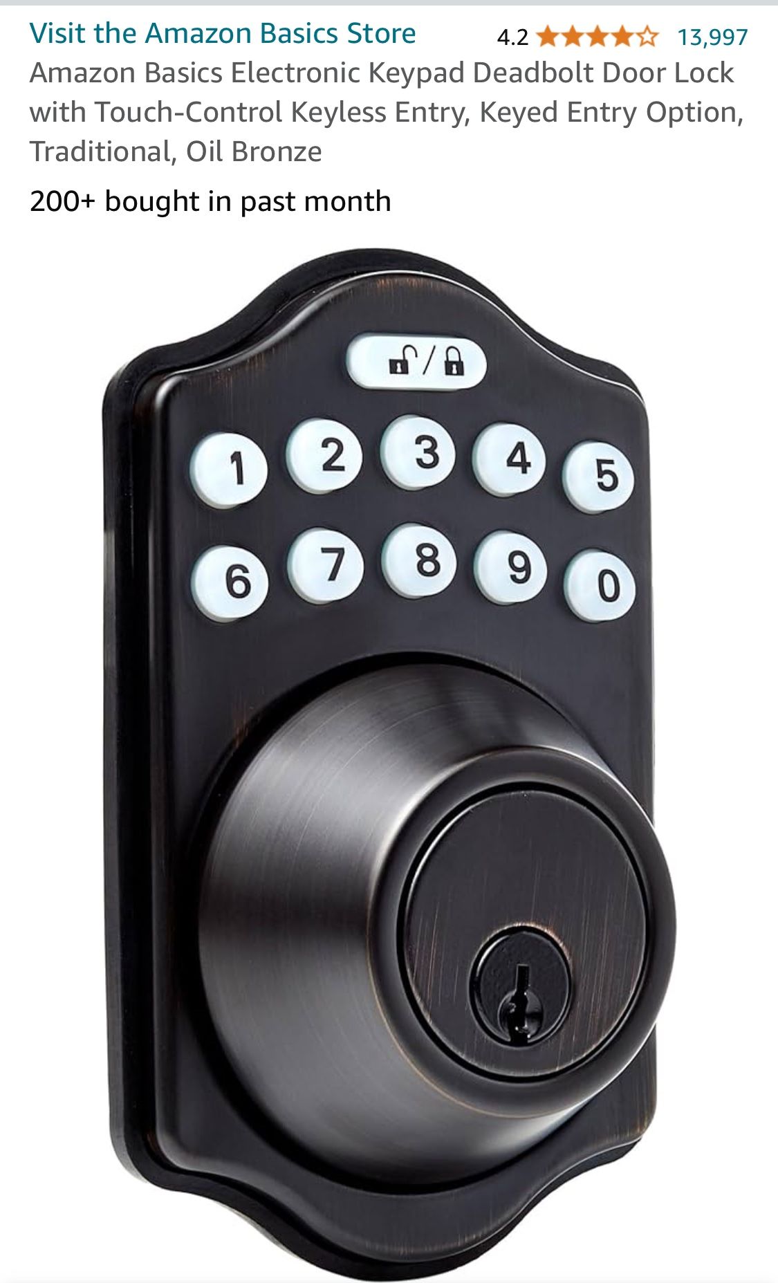 Amazon Basics Electronic Keypad Deadbolt Door Lock with Touch-Control Keyless Entry, Keyed Entry Option, Traditional, Oil Bronze