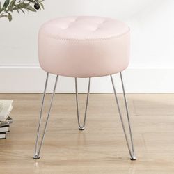 LUE BONA Faux Leather Vanity Stool Chair for Makeup Room, Pink Small Stool for Vanity, 19” Height, Tufted Vanity Chair Stool with Metal Legs, Modern F