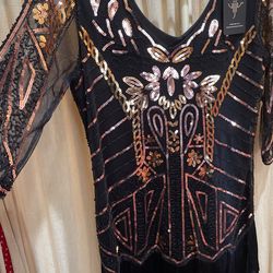 Black And Gold Flapper Girl Dress/ Costume (Size: Medium)