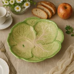 Fitz & Floyd Japan 1981 Majolica Style Cabbage Leaf Divided Serving Bowl, 12x3.5