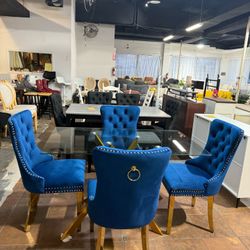 🔥Set of 5🔥Blue luxury velvet dining chairs with gold-plated stainless steel legs, velvet upholstery on the backrest and buttons. 63 in. Gold Tempere