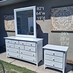 Satin White Solid Wood Dresser w/ Mirror & Nightstand Set