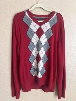 Banana Republic Luxury Cashmere Blend Argyle V-Neck Pullover Red Holiday Sweater