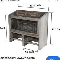 The OwlGift Vintage Gray Solid Wood & Metal Mesh Wall Mounted Dual Toilet Paper Roll Dispenser & Magazine Holder Basket is a stylish and functional ba