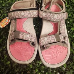 Girls Hook & Loop Open Toe Sandals Shoes Flats  Hiking  Pink/Grey Size US 3.5 Kids Children's 