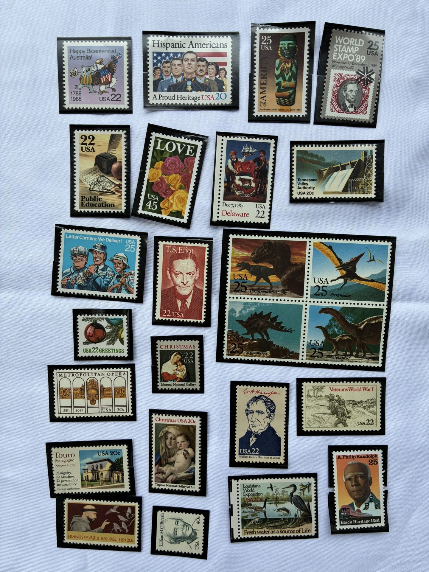 Unused United States Postage Stamps Collection From The 1980’s In Protective Plastic Sleeves. Around 294 Stamps. USPS
