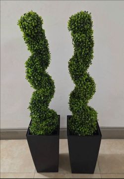 *** CLEARANCE *** PAIR of 3ft Faux Boxwood Spirals in 16in Black/White Planters (2 for $80) @ Lasting Creations