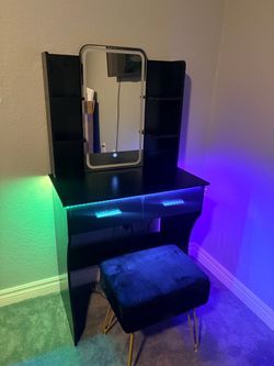 New Black Vanity Desk with LED Mirror and Stool