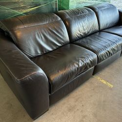 Brown Leather Dual Power Reclining Sofa w/ Adjustable Headrests