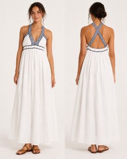J.Crew White Navy Embroidered Halter Maxi Dress Size S
