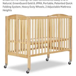 Dream On Me Folding Full-Size Convenience Baby Crib in Natural, GreenGuard Gold & JPMA, Portable, Patented Quick Folding System, Heavy Duty Wheels, 2 