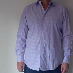 David Donahue dress shirt Purple Check Pattern Trim 16.5/34/35 100% Cotton