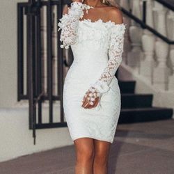 Sexy Off Shoulder Lace Cutout Evening Party Dress High Waist Long Sleeve